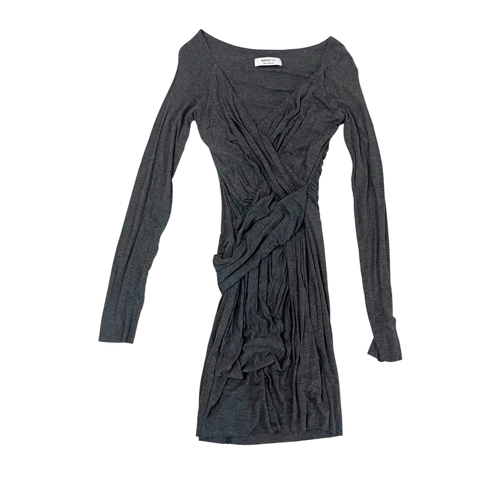 Anthro Bailey 44 Gray Ruched Draped Long Sleeve V-Neck Bodycon Mini Dress Sz XS